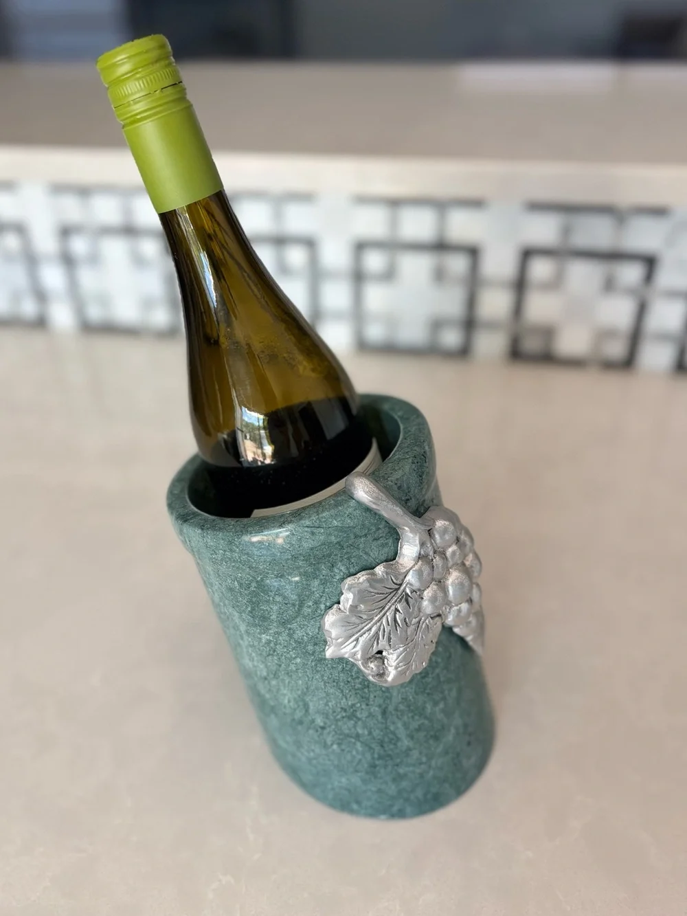 Vintage Angled Solid Green Marble & Pewter Wine Chiller | Grape Harvest Cooler